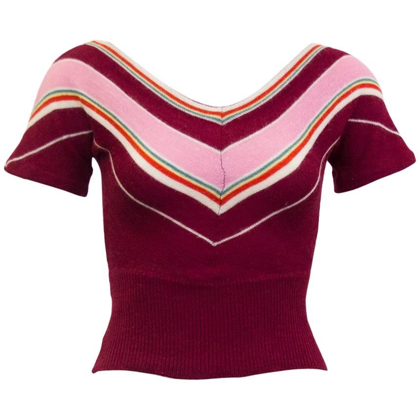 1960s Dorothe Bis Maroon, Pink and Green Chevron Stripe Sweater