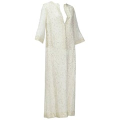 Ivory Silk Zip-Front Kaftan with Sequins and Silver Beads, 1960s