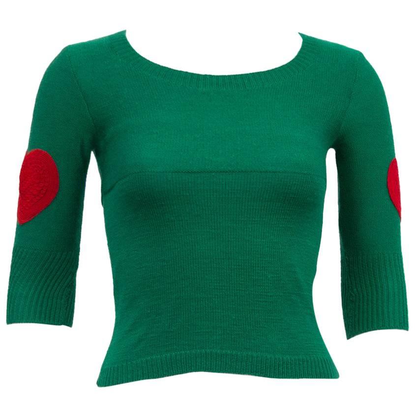 1960's Green Wool Sweater with Heart Patches 