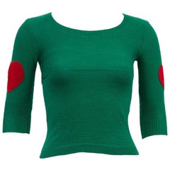 Vintage 1960's Green Wool Sweater with Heart Patches 