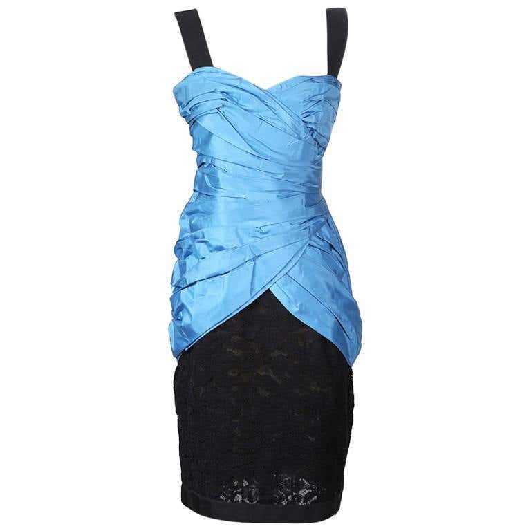 Yves Saint Laurent Haute Couture Blue Taffeta Dress with Black Lace For ...