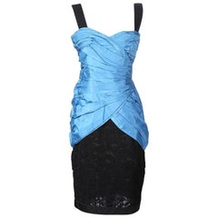 Yves Saint Laurent Haute Couture Blue Taffeta Dress with Black Lace