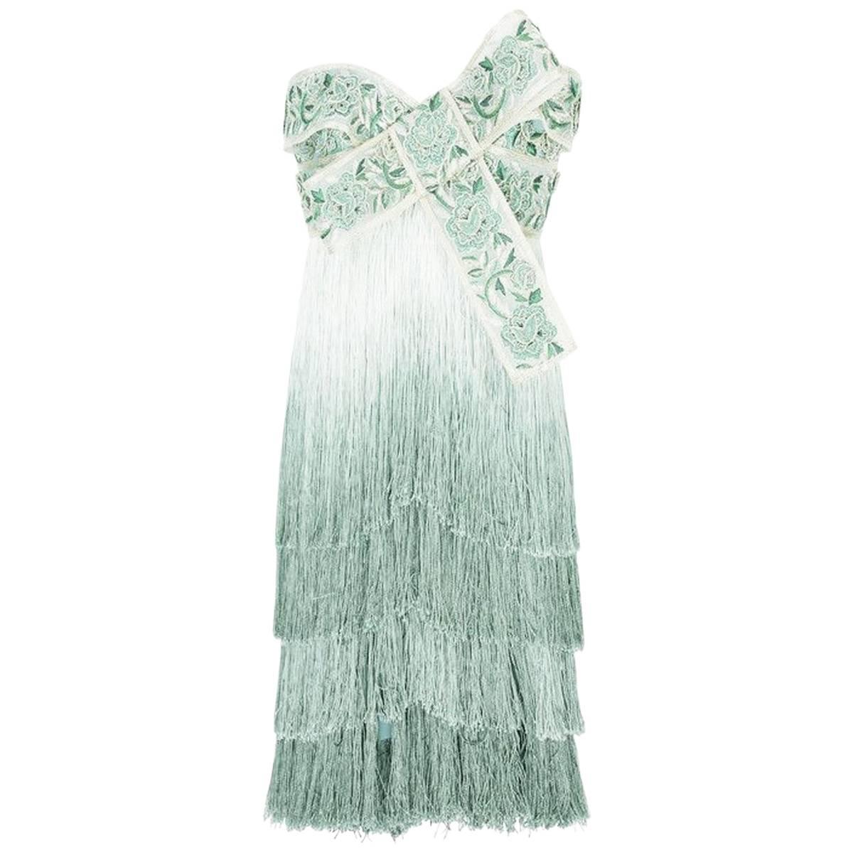 New Marchesa Ombré Fringed Bow Mini Silk Dress US 6 as seen on Eva Longoria For Sale