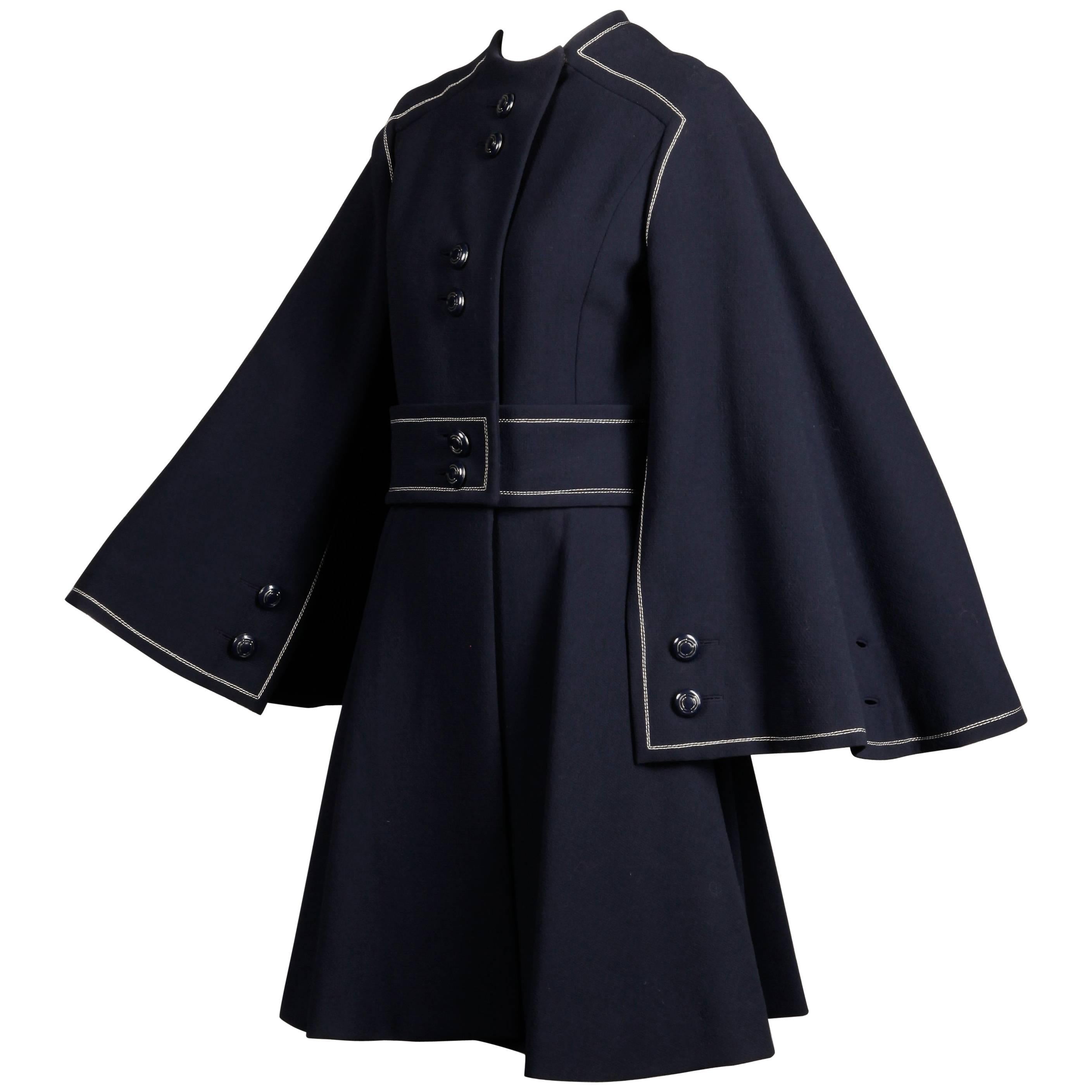 Convertible 1960s Ronald Amey Demi-Couture Vintage Wool + Silk Cape Dress Coat For Sale
