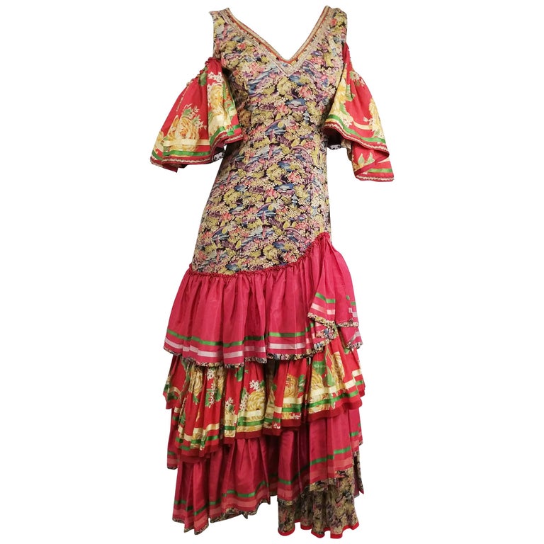 1950s Colorful Printed Flamenco Dress