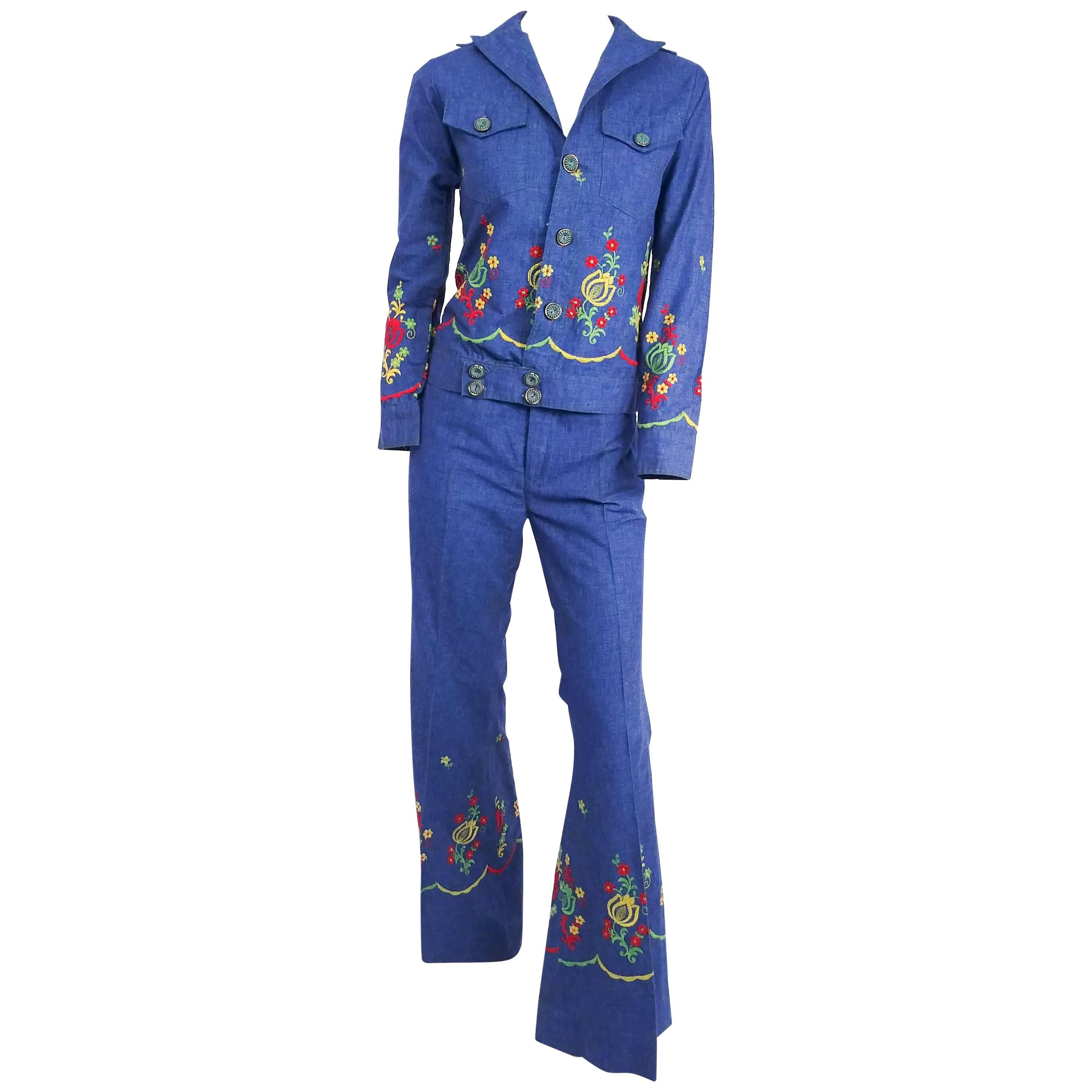 1970s Denim Two Piece Embroidered Bellbottom & Jacket Set