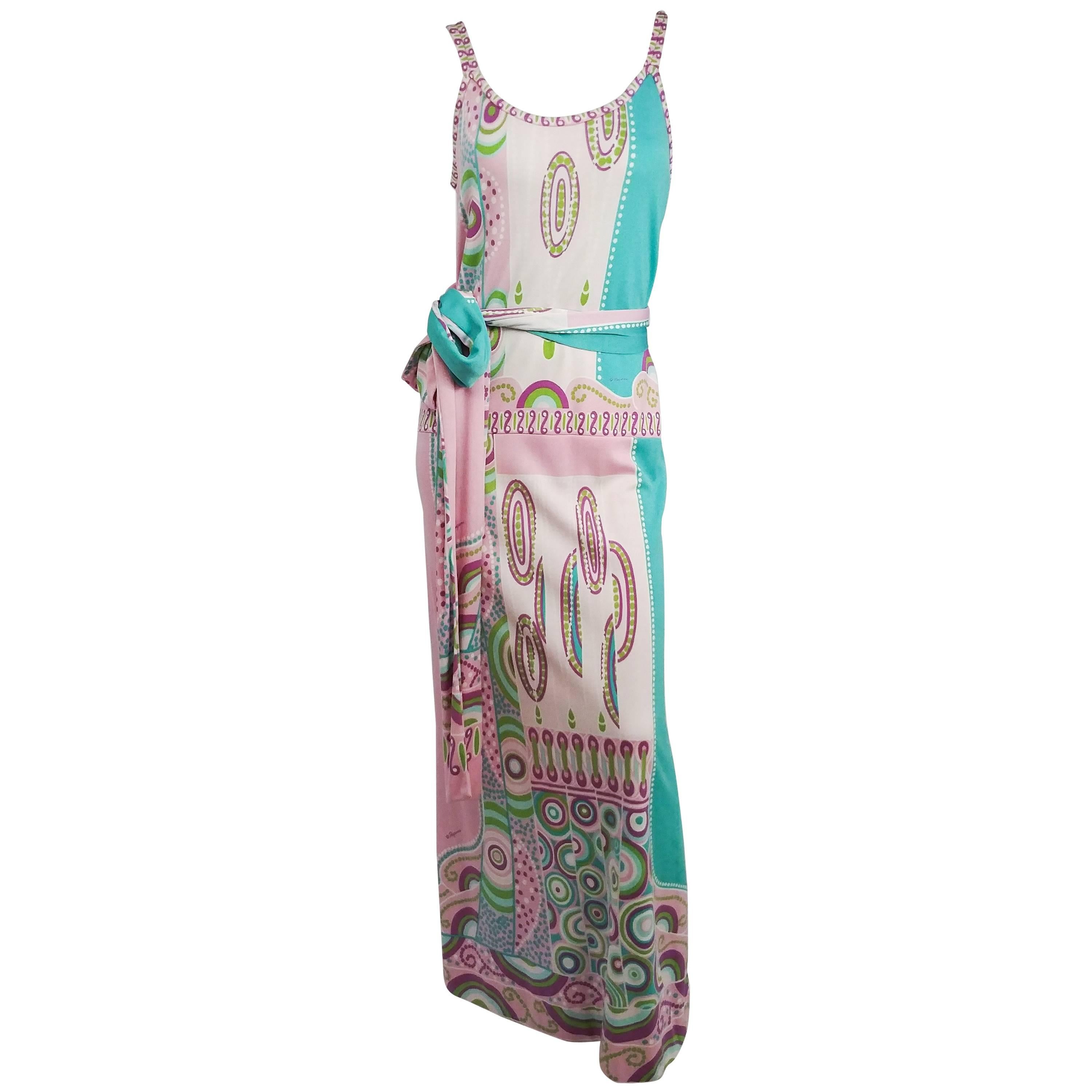 1970s Paganne Pink & Green Printed Jersey Sleevess Maxi Dress 