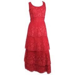 red lace tiered dress 1950s Red Lace Tiered Gown