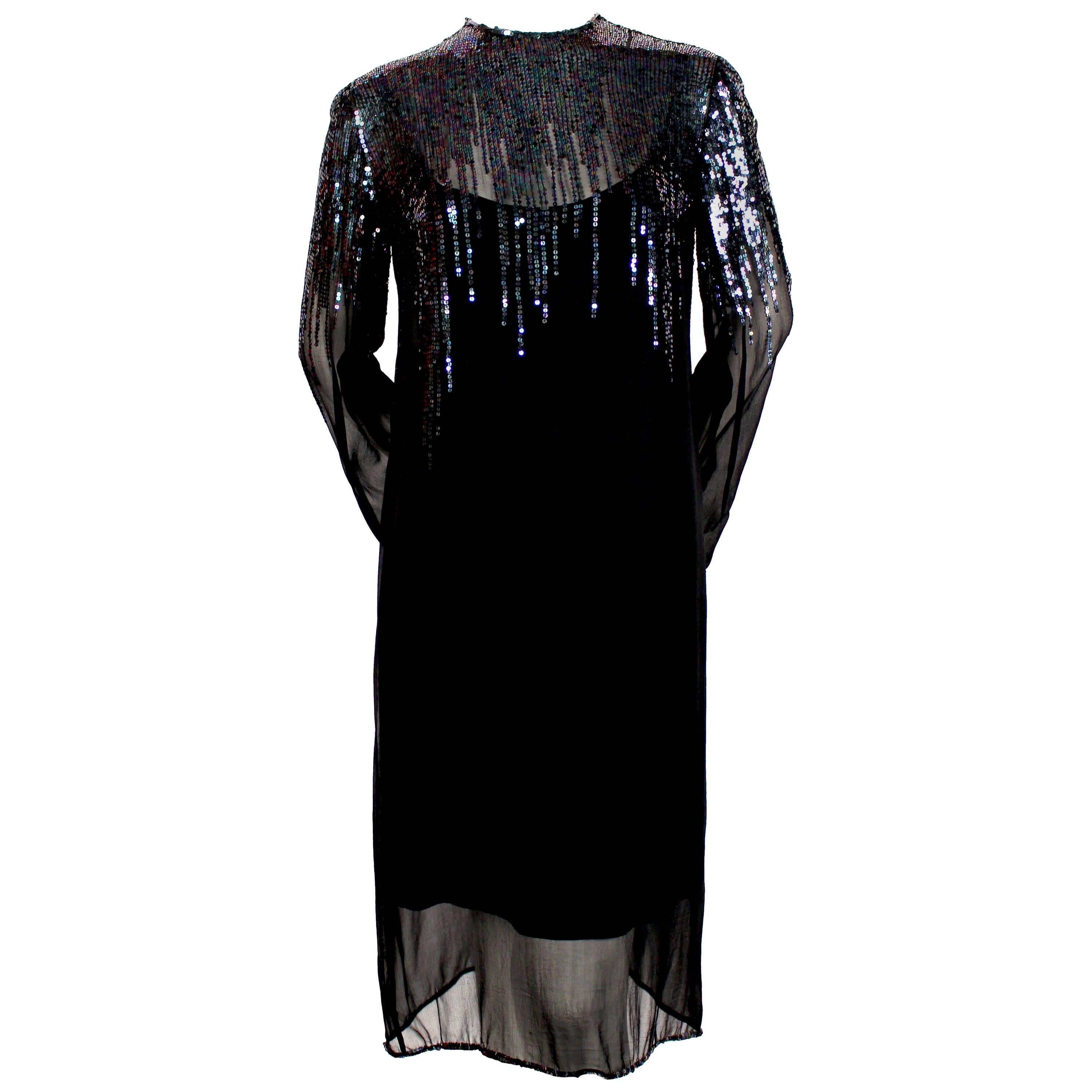 1970's HALSTON black sheer silk dress with sequined detail