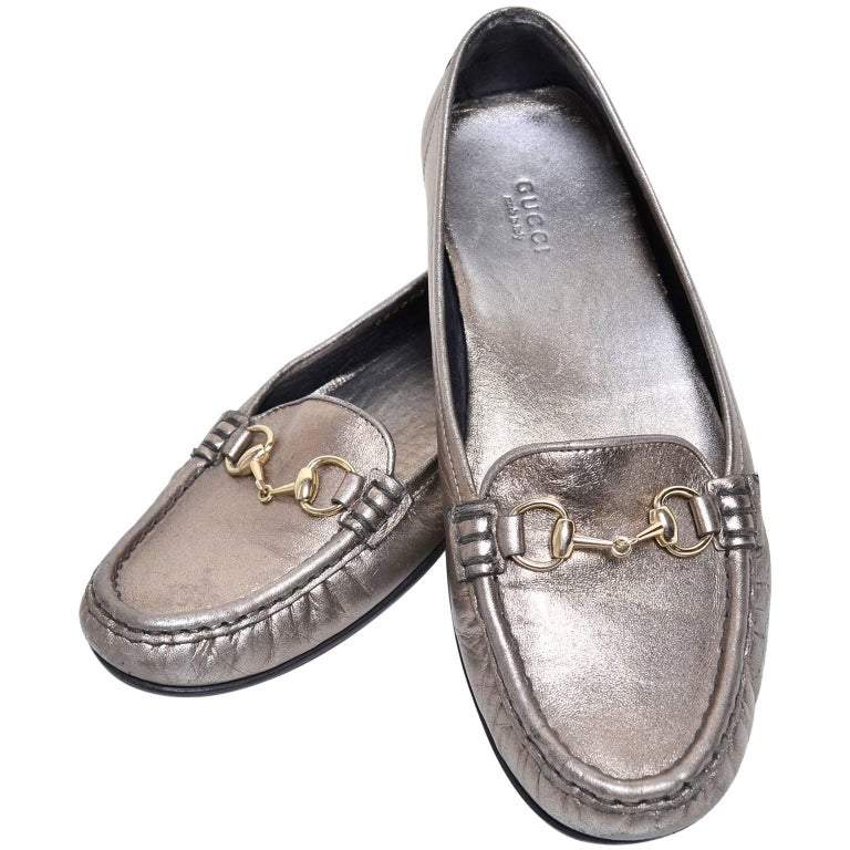 Gucci Womens Metallic Loafer Driver Shoes with Horse Bit Buckles Size 37.5 For Sale at 1stdibs