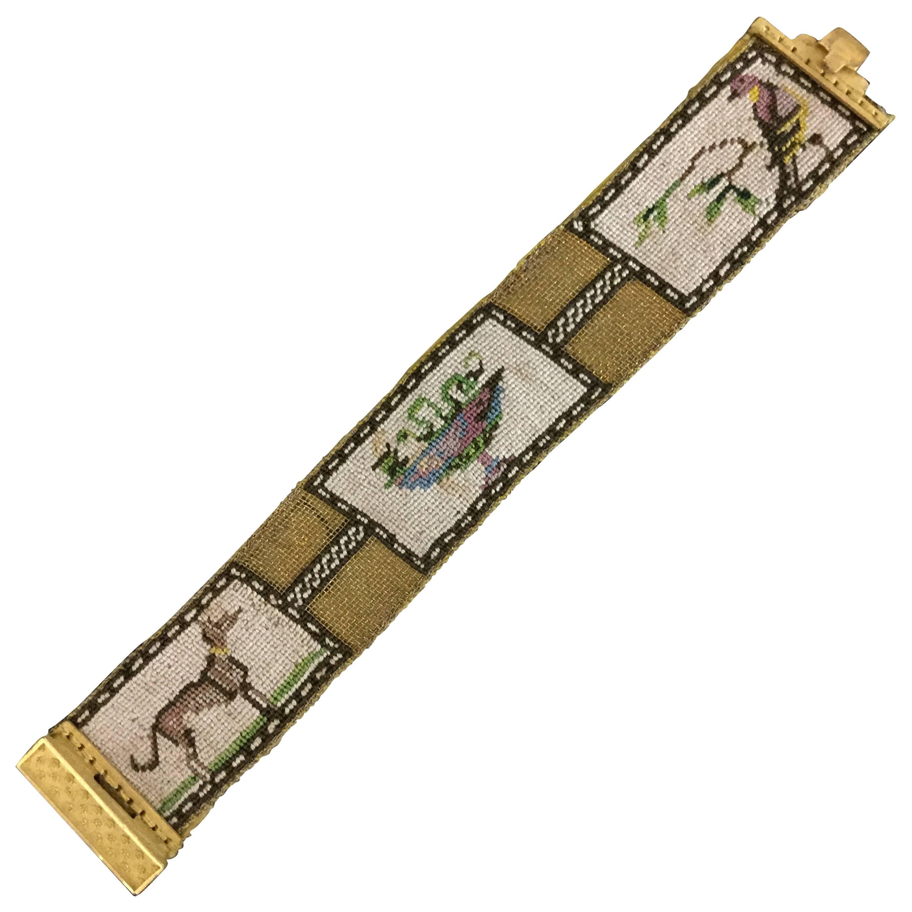 Finely Embroidered Regency Dog and Bird Pinchbeck Cuff Bracelet.1820's. British.