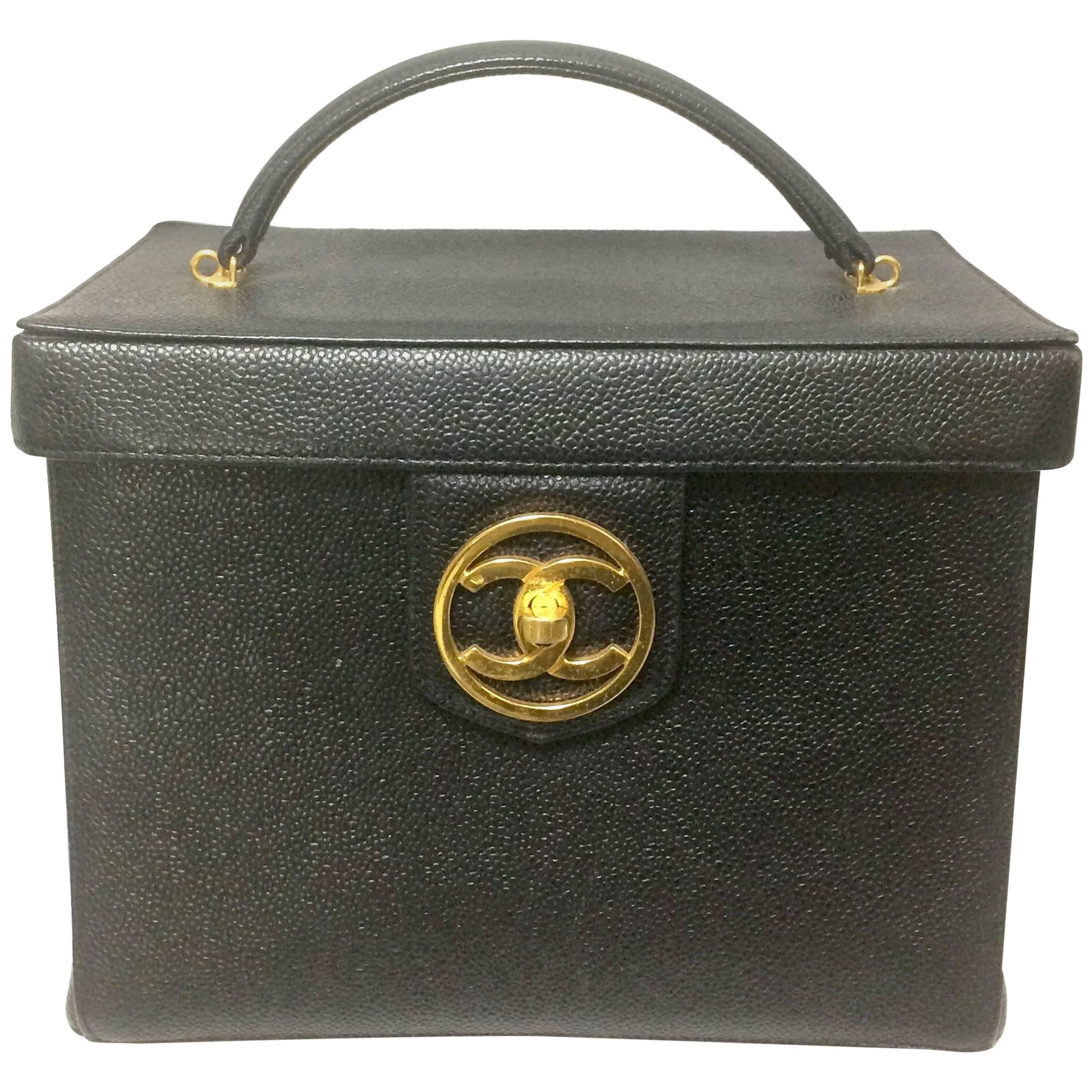 Vintage CHANEL black caviar leather large vanity purse, lunchbox style handbag.
