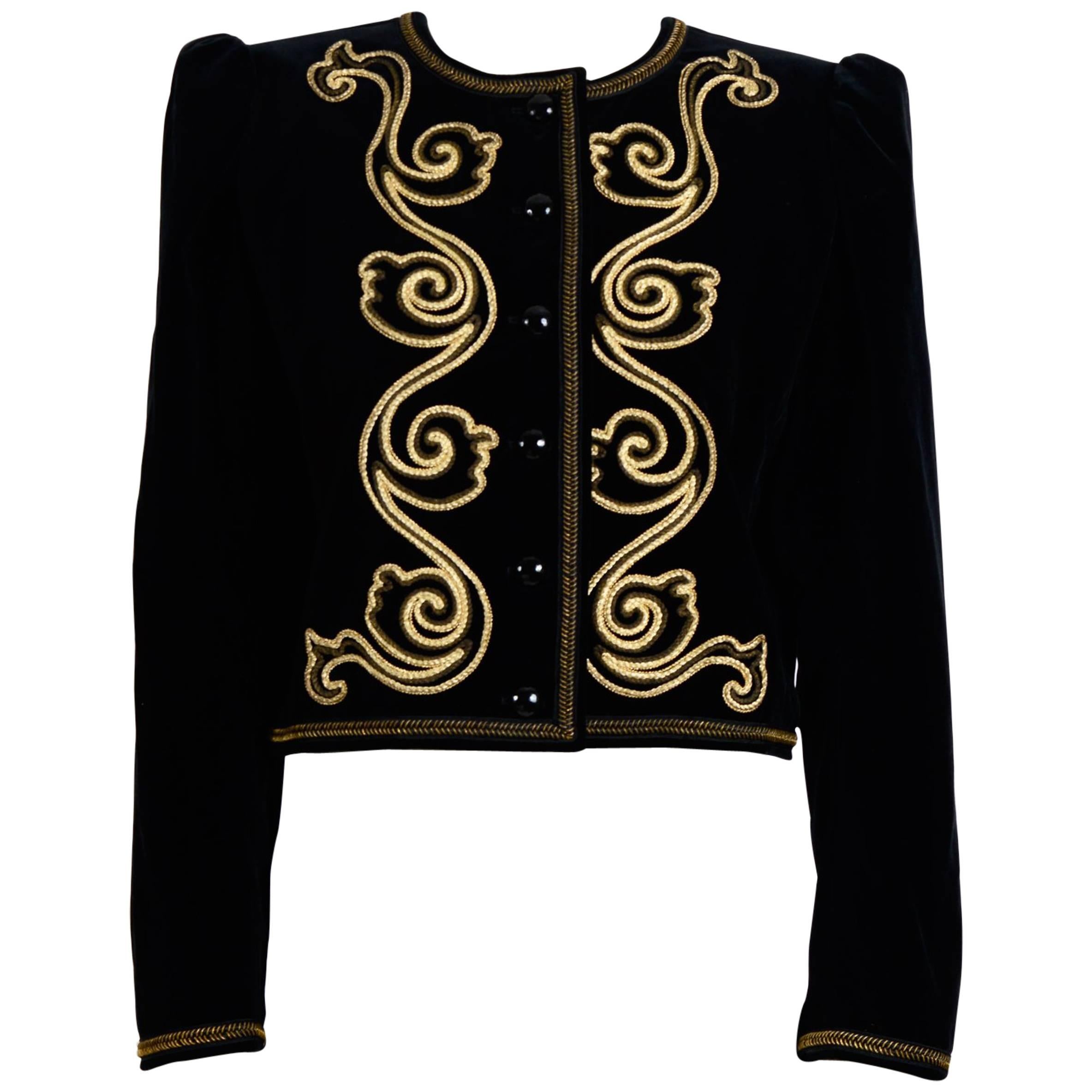 Yves Saint Laurent 1970s Black Velvet with Gold Soutache Braid Jacket