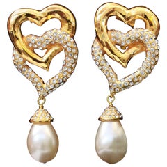 1990s Valentino gilded metal heart earrings with rhinestones