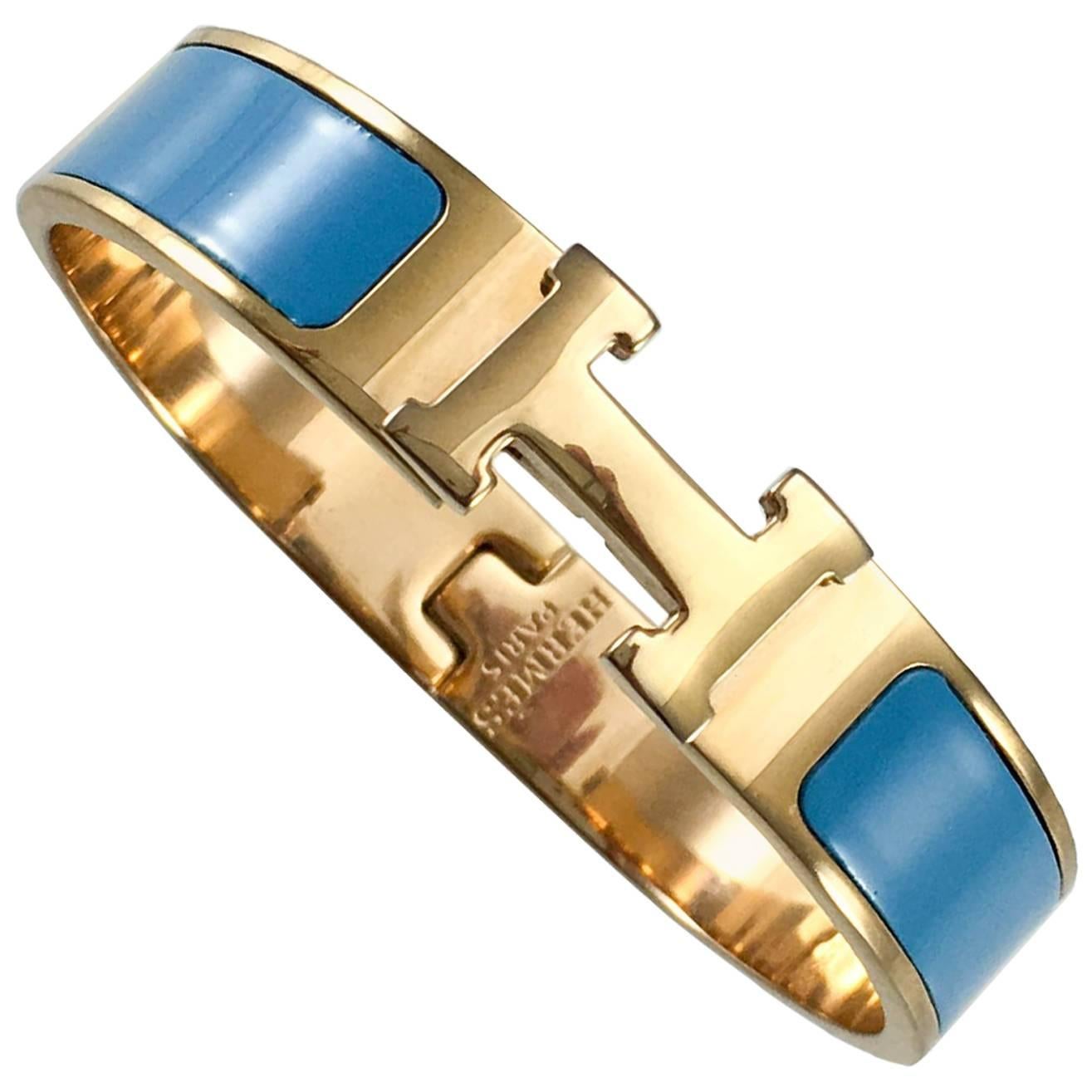 Hermes Rose Gold-Plated Clic Clac 'H' Blue Bracelet For Sale