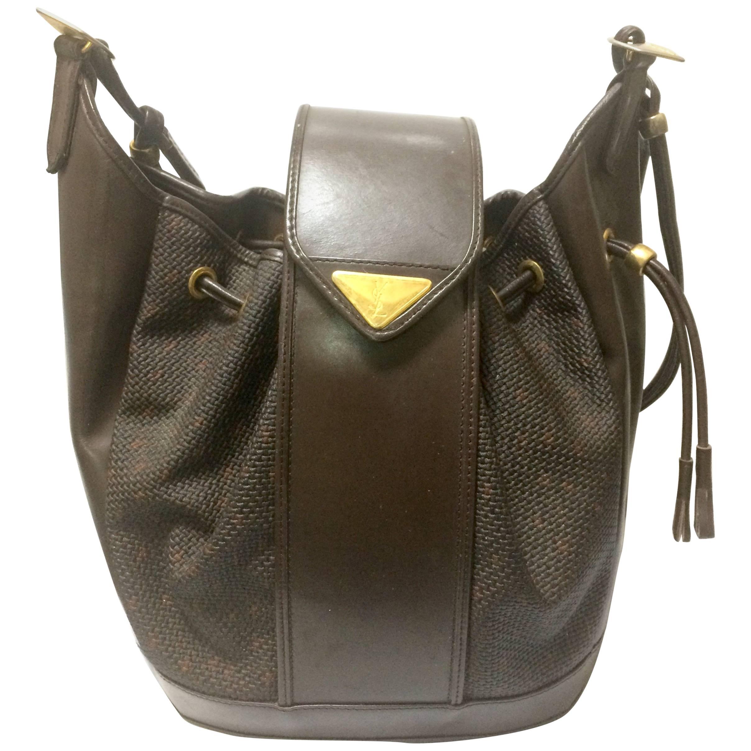 Vintage Yves Saint Laurent  brown hobo bucket shoulder bag with golden YSL motif