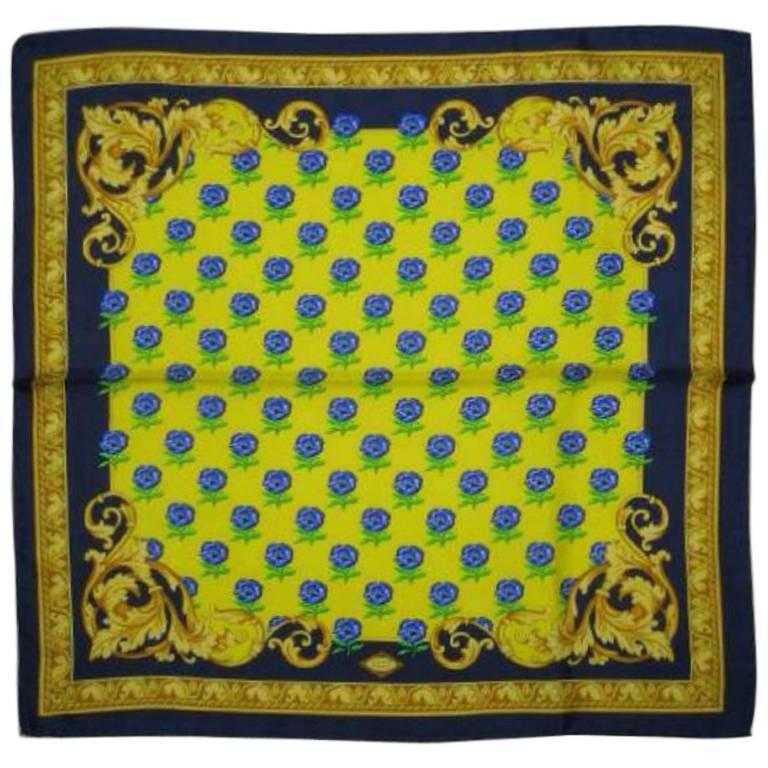 MINT. Vintage Gianni Versace yellow, blue, green, gold, and flower motif scarf. For Sale