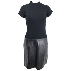 90s Anteprima Black Wool and Lambskin Leather Short Sleeves Dress 