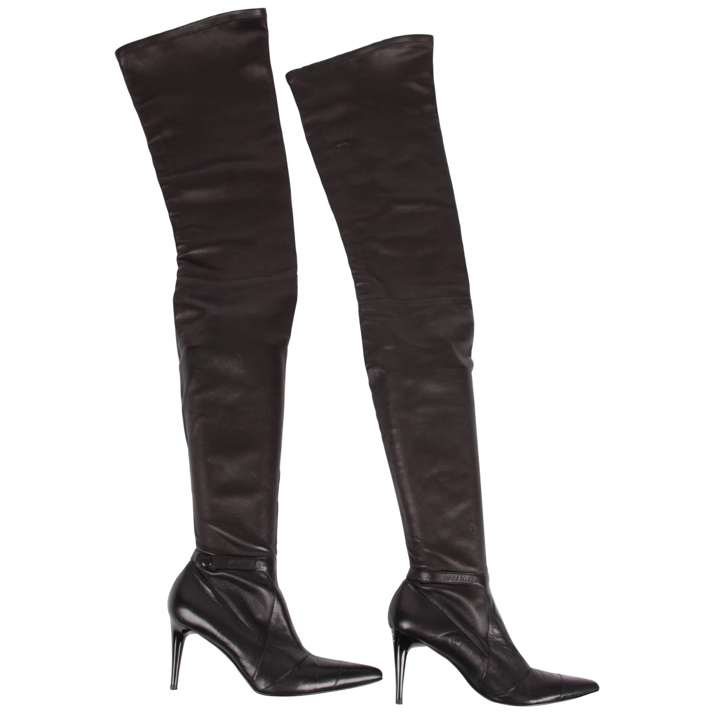 CHANEL 15B Lambskin Leather Tall Over The Knee High Wedge Heel Boots Black  $2400