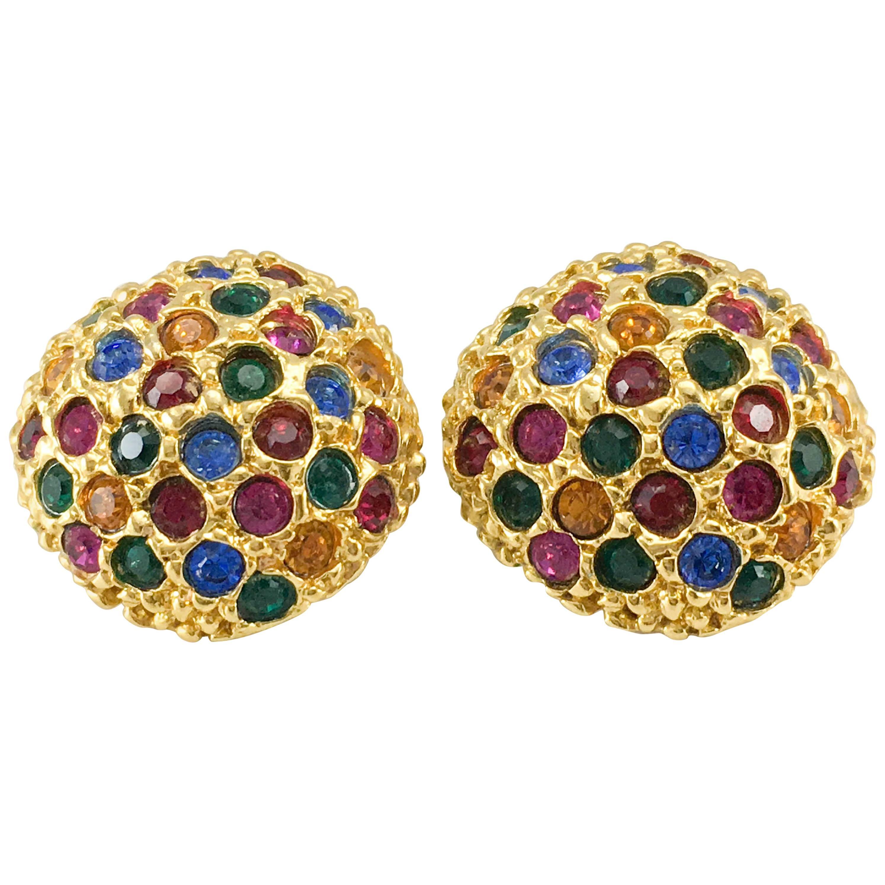1980s Yves Saint Laurent Colourful Crystal Embellished Gold-Plated Earrings