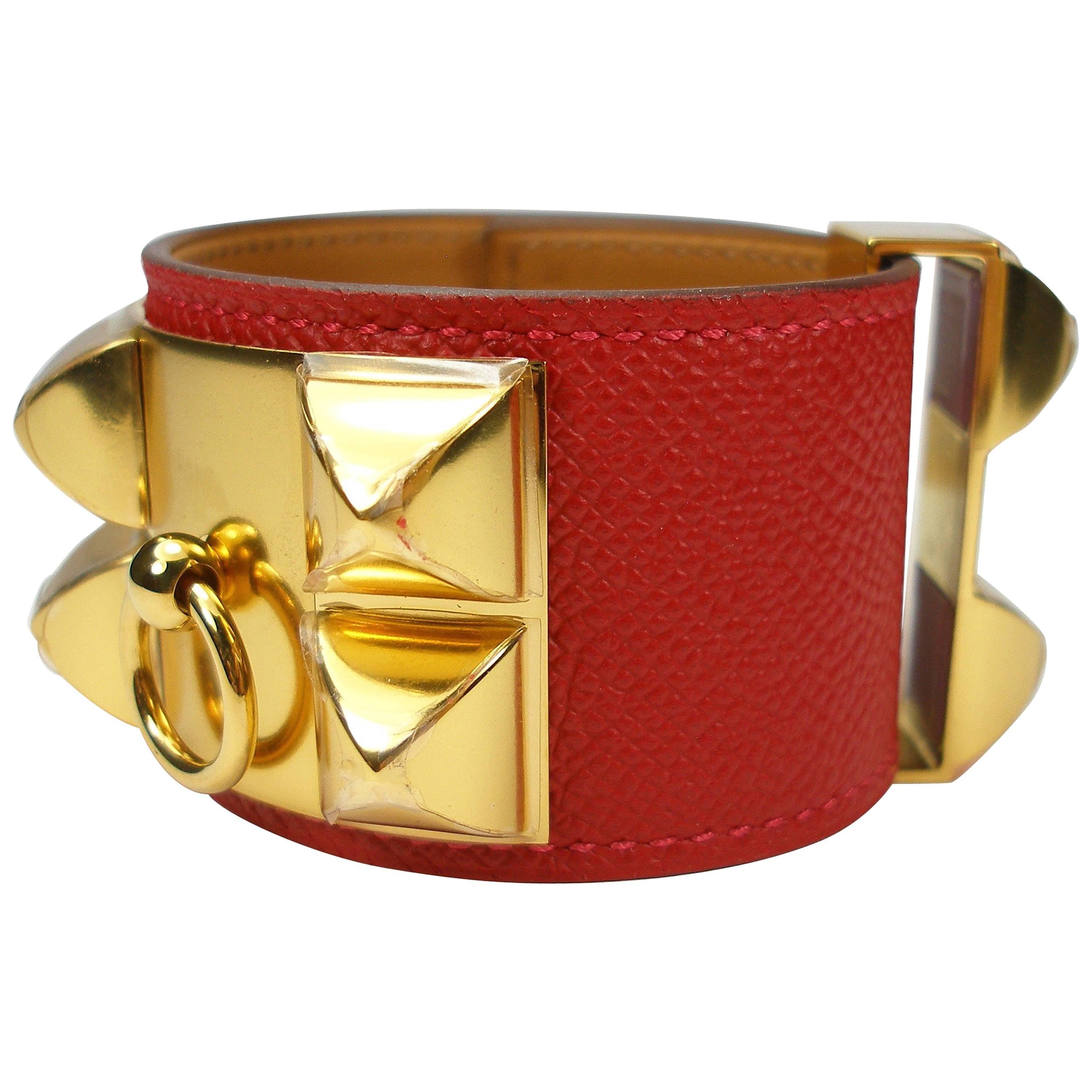 Hermès Collier de Chien Bracelet Epsom Leather Rouge Casaque / BRAND NEW 