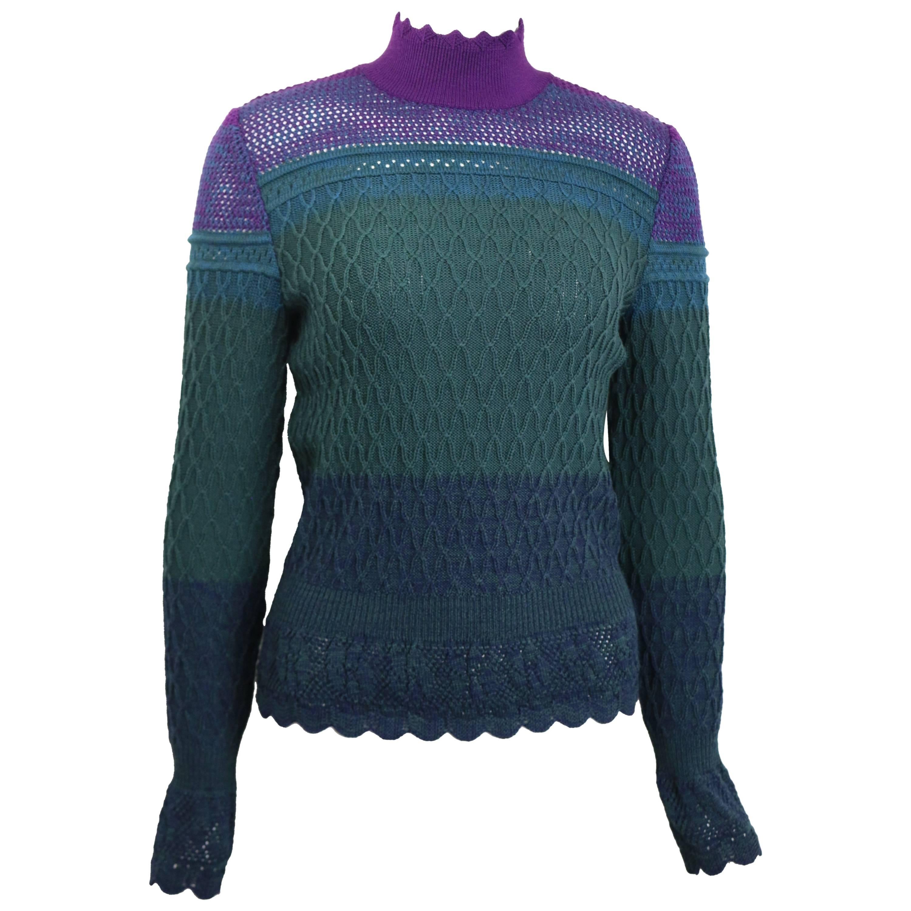 Christian Lacroix Purple/Green/Blue Knitted Pattern Wool Mock Neck Top