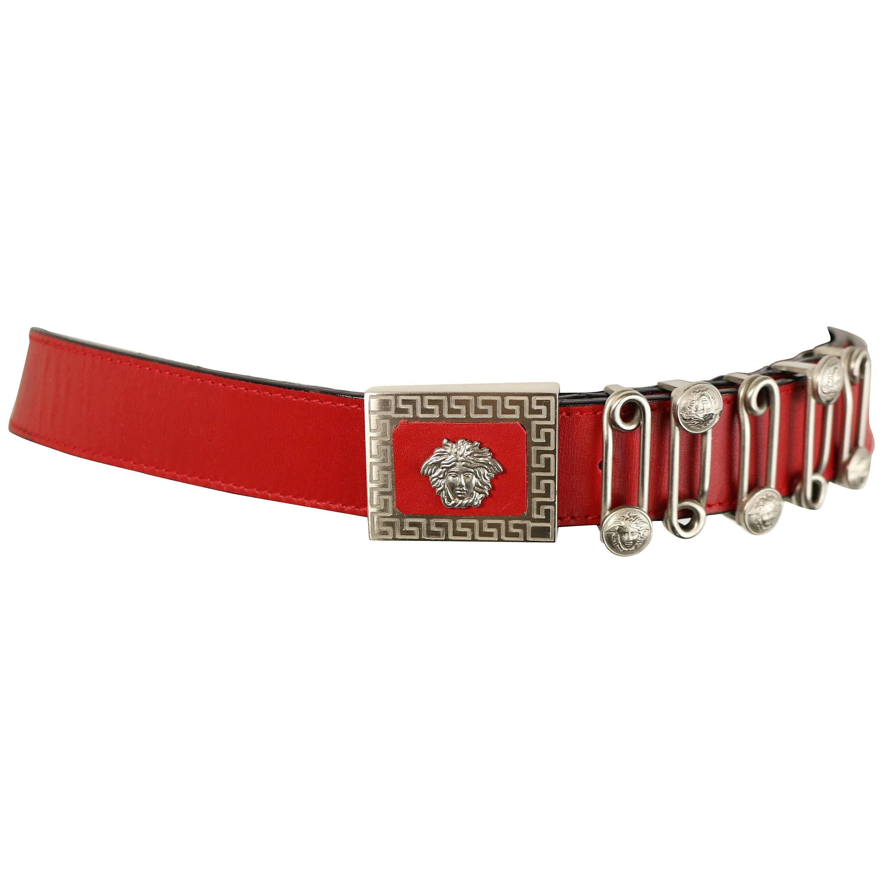 Vintage 90s Gianni Versace Red Leather Silver Medusa Pin Belt
