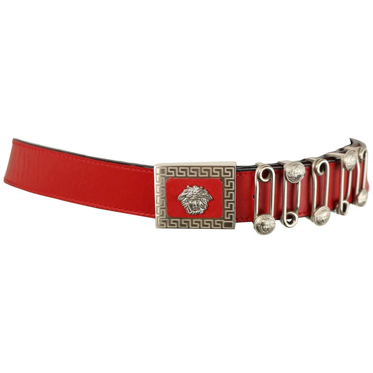 Vintage 90s Gianni Versace Red Leather Silver Medusa Pin Belt For Sale at  1stDibs | red versace belt