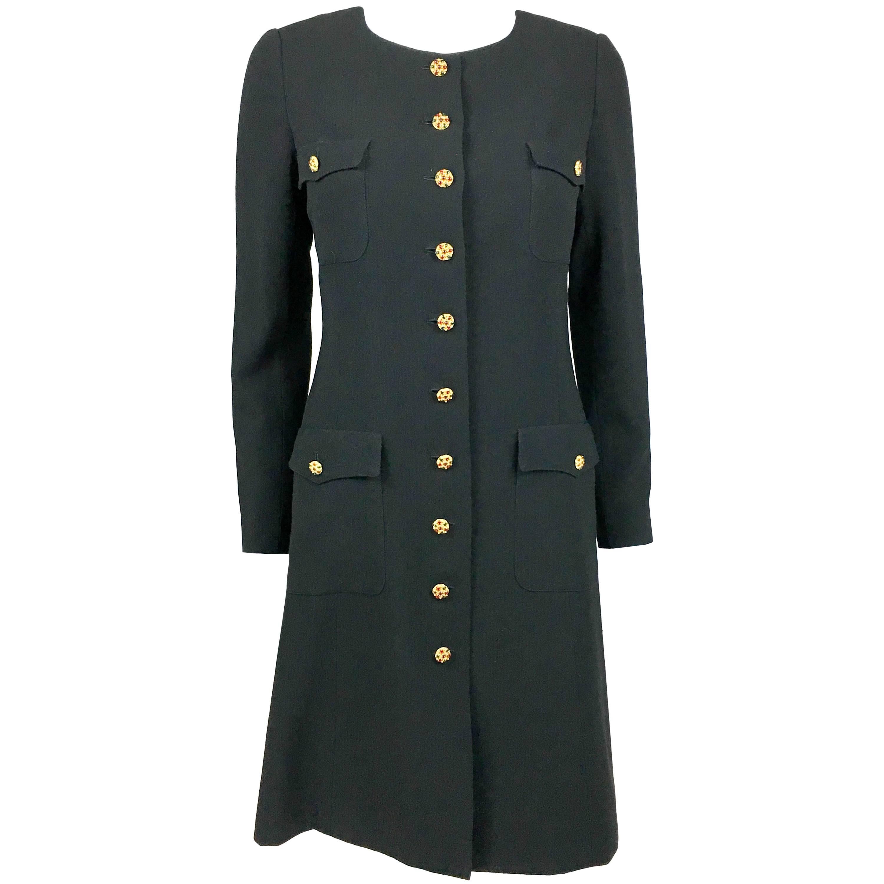 1996 Chanel Runway Look Black Wool Coat / Dress With Baroque-Style Buttons