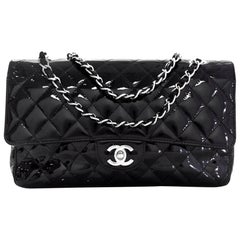 Chanel Black Patent Leather 10" Medium Double Flap Classic Bag with Dust Bag