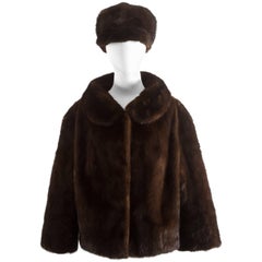 Plappert 1960s brown saga mink cropped jacket with matching hat
