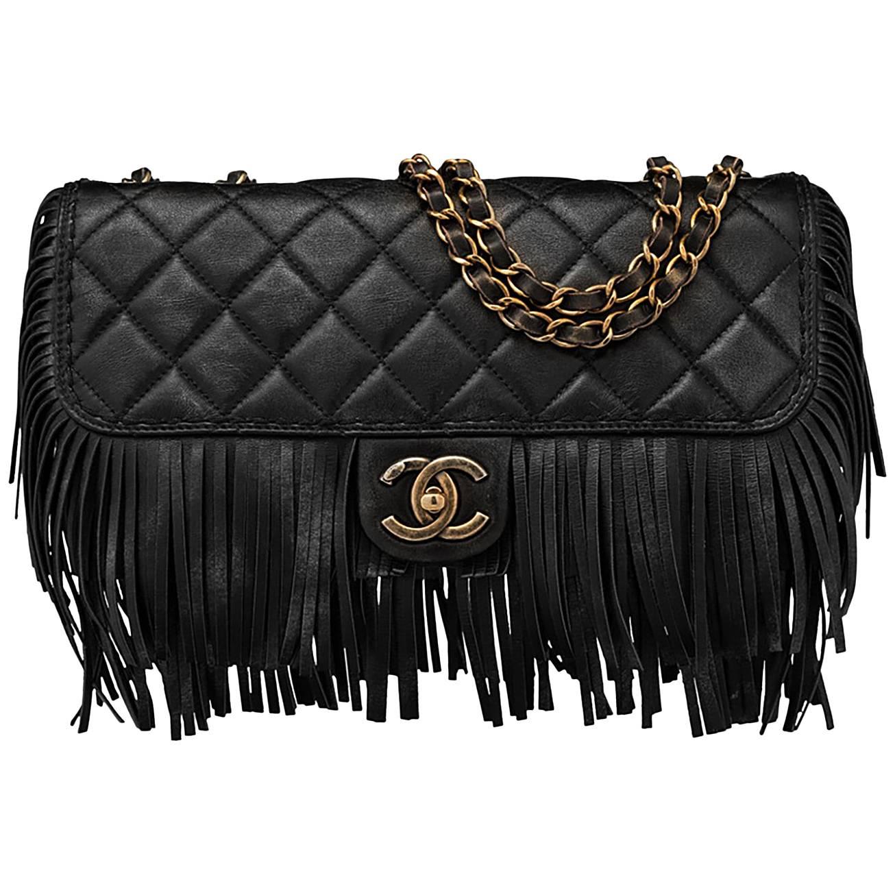 Chanel Black Quilted Nubuck Calfskin Paris/Dallas Fringe Flap Bag RT. $4, 700