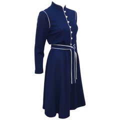 1980's David Warren Navy Blue & White Wool Knit Dress