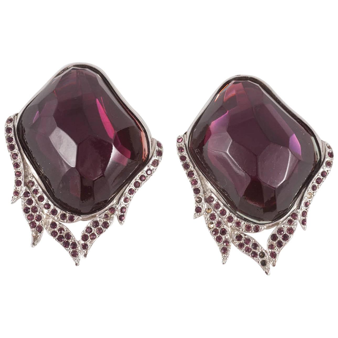 Magnificent amethyst Lucite and paste 'flame' earrings, Yves Saint Laurent, 1980