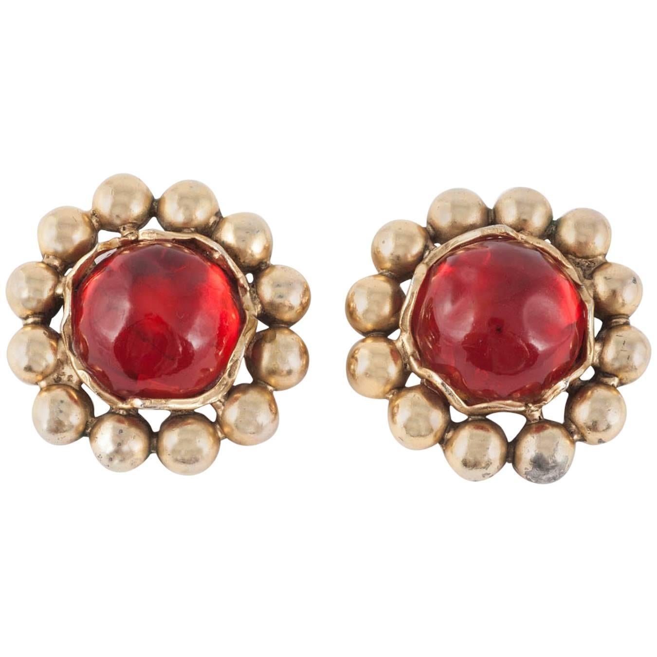 Very large ruby Lucite and gilt metal large ear clips, Yves Saint Laurent, 1980s