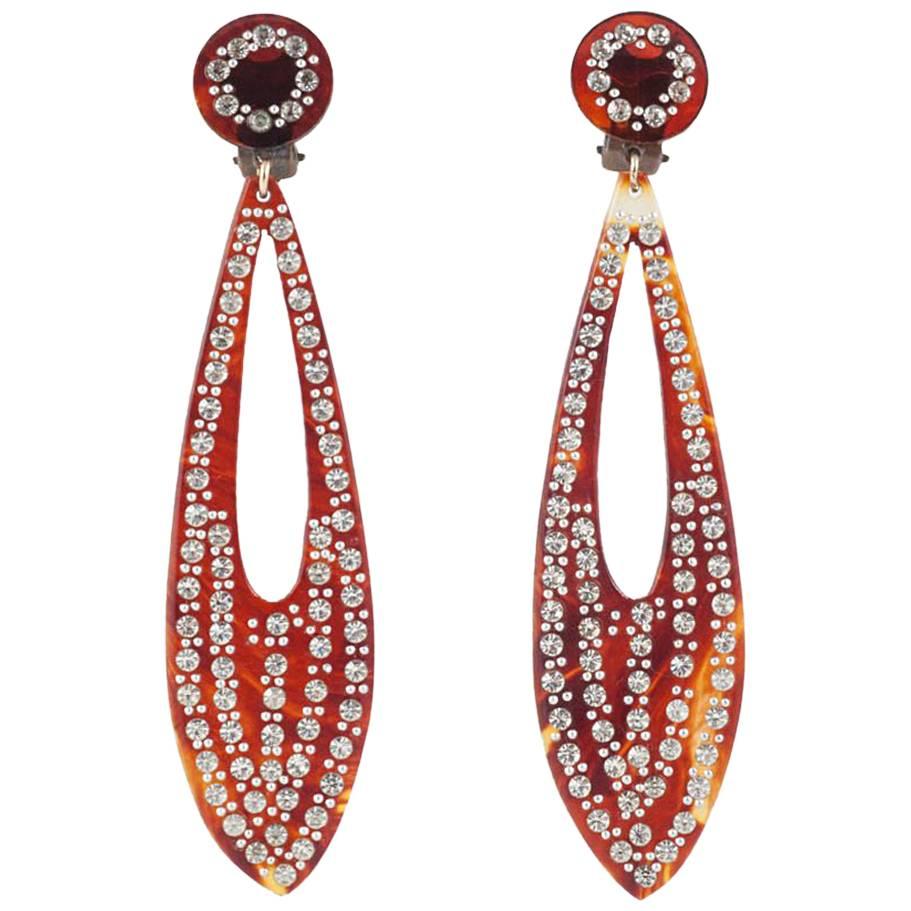 French 'tortoiseshell' celluloid and paste long drop earrings, 1920s