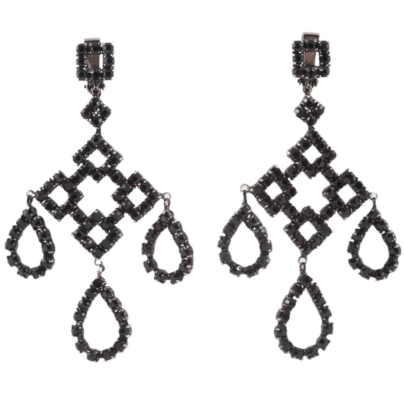 Black paste Deco inspired drop earrings, French, 1960s