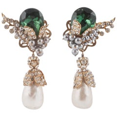 Large emerald and clear paste, grey and cream pearl drop earrings, USA, 1960s