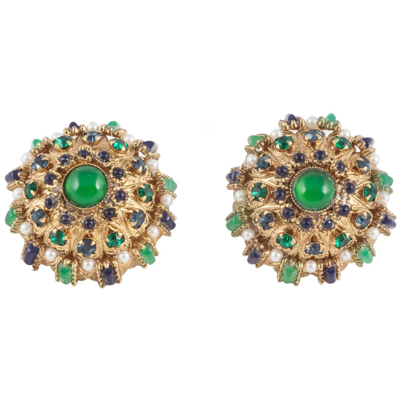 Glamorous domed jewelled paste earrings, French, 1960s