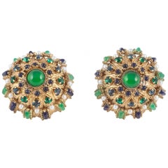 Glamorous domed jewelled paste earrings, French, 1960s