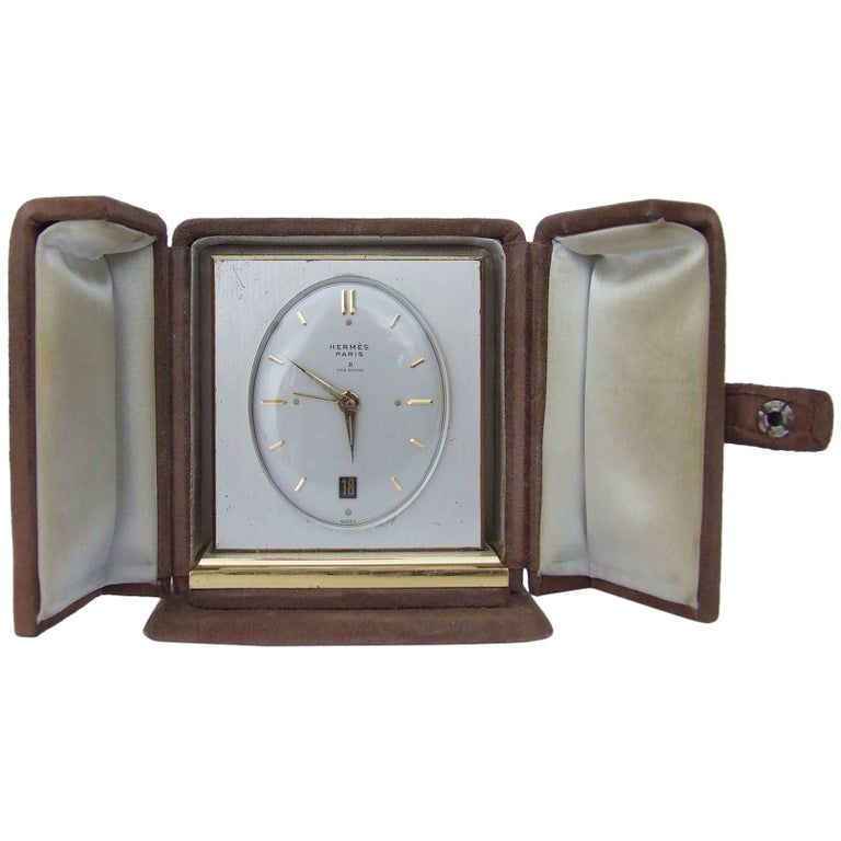 Hermes Vintage Small Travel Clock With Alarm in its Original Case Swiss