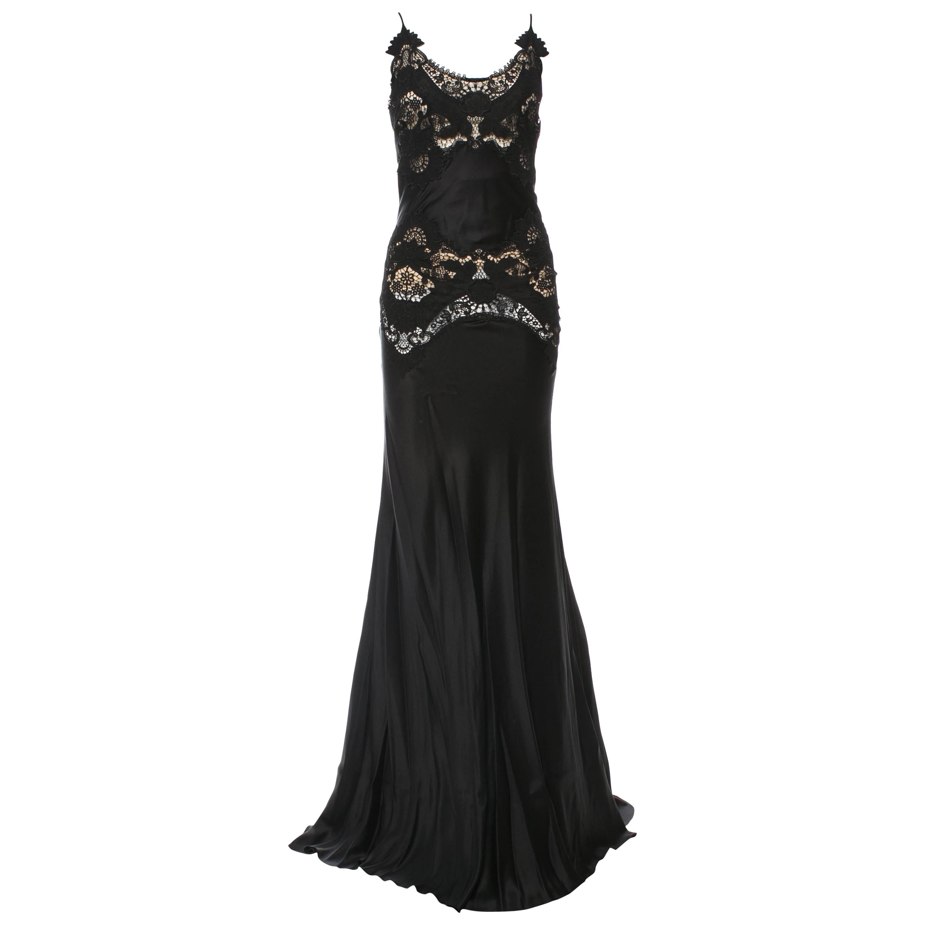 Alexander McQueen Black Evening Dress with Sheer Guipure Lace Details 2004 Sz 46 For Sale