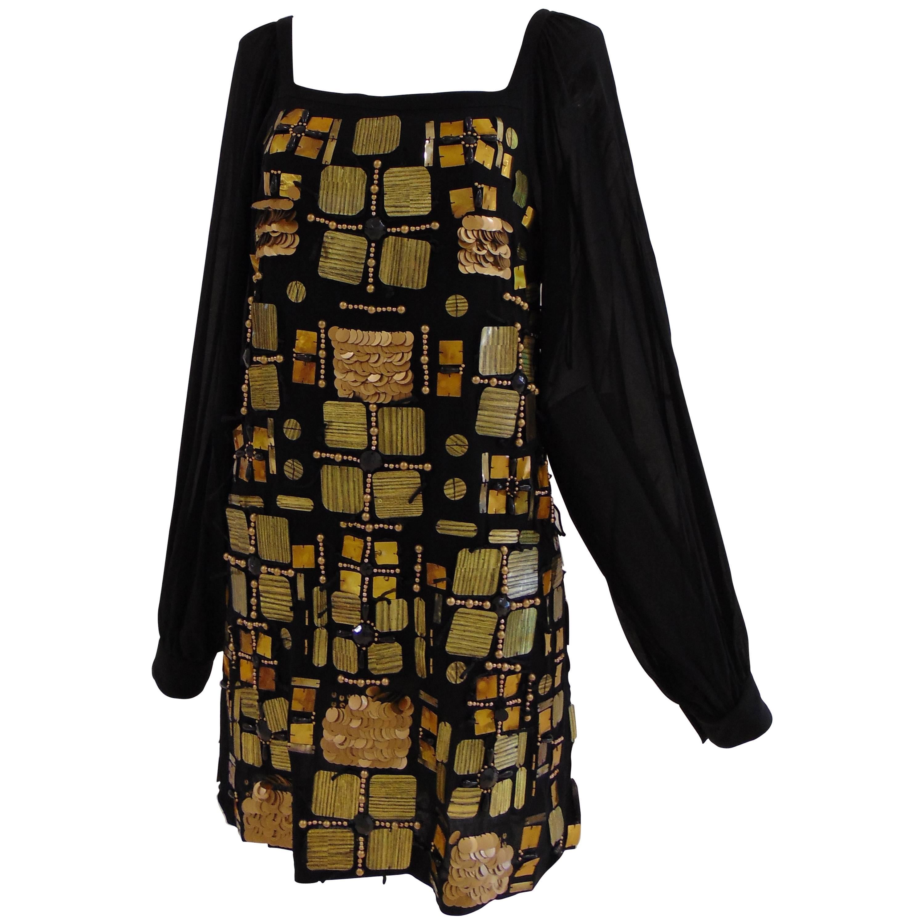 Emilio Pucci black silk dress with gold tone and black sequines