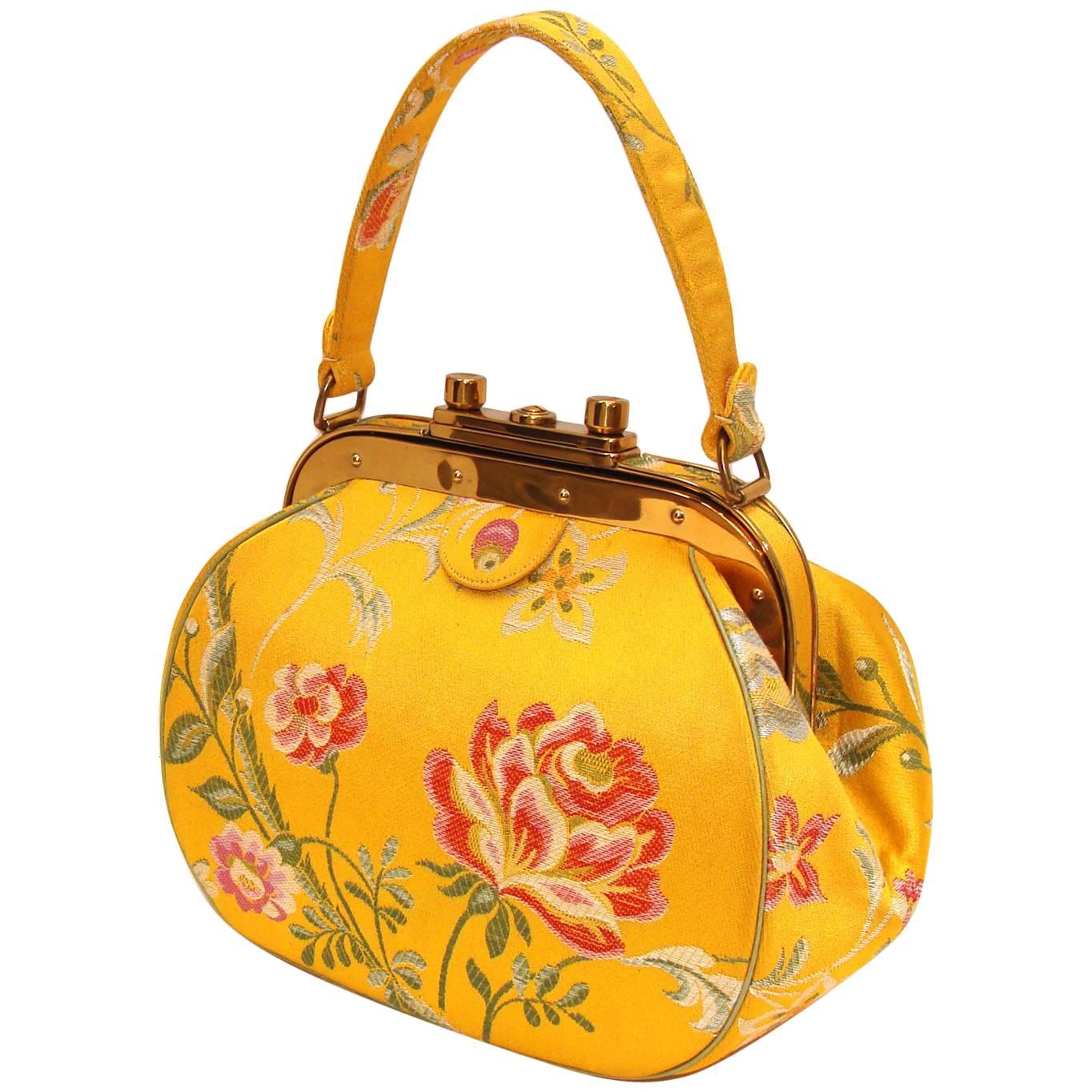 Nettie Rosenstein Yellow Silk floral Handbag 