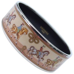 HERMES Enamel Printed Bracelet Equestrian Horses Rodeo Cowgirls PHW Size 65