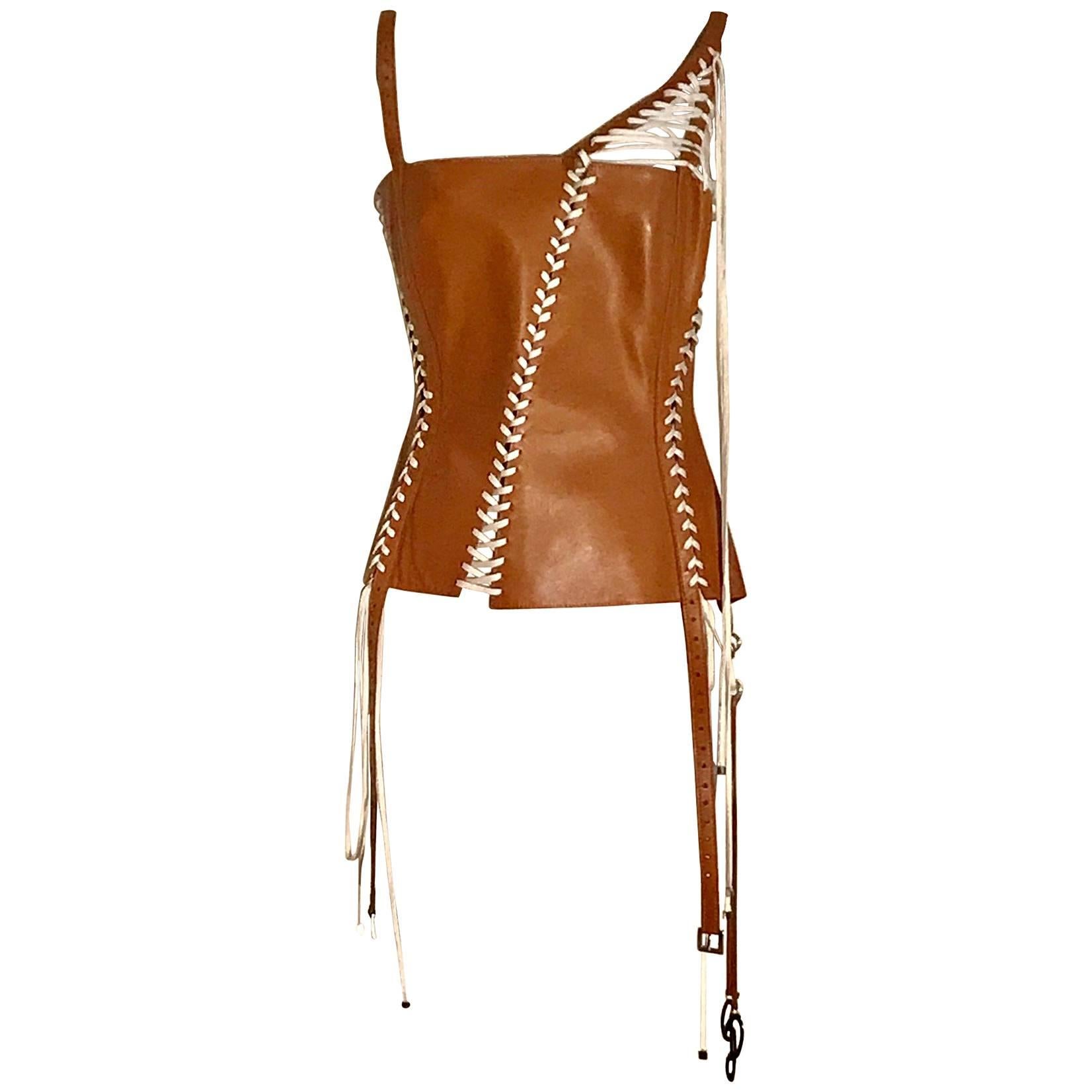 Dolce & Gabbana Tan Brown Leather Laced Corset Bustier  Style Tank Top