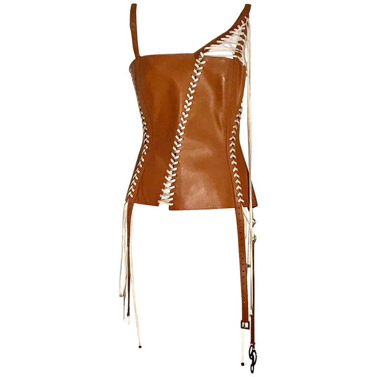 Dolce and Gabbana Tan Brown Leather Laced Corset Bustier Style Tank Top ...