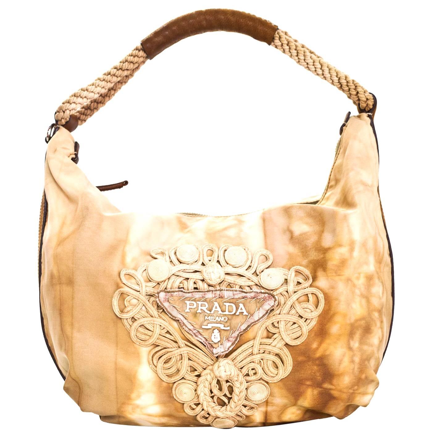 Prada Beige Tessuto Tie-Dye Hobo Bag w/ Embroidered Detail