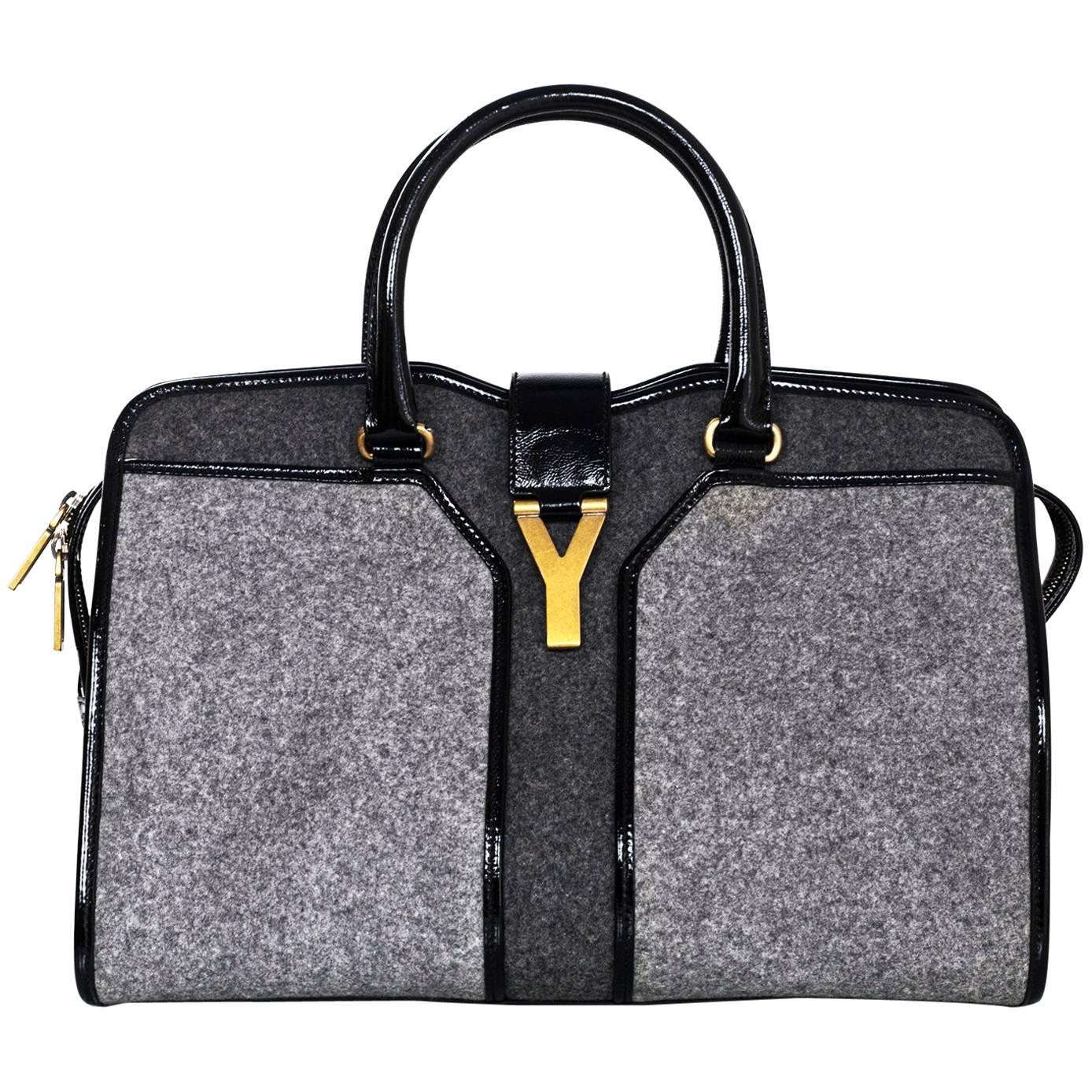 Yves Saint Laurent Cabas ChYc Medium Flannel and Patent Leather Tote Bag