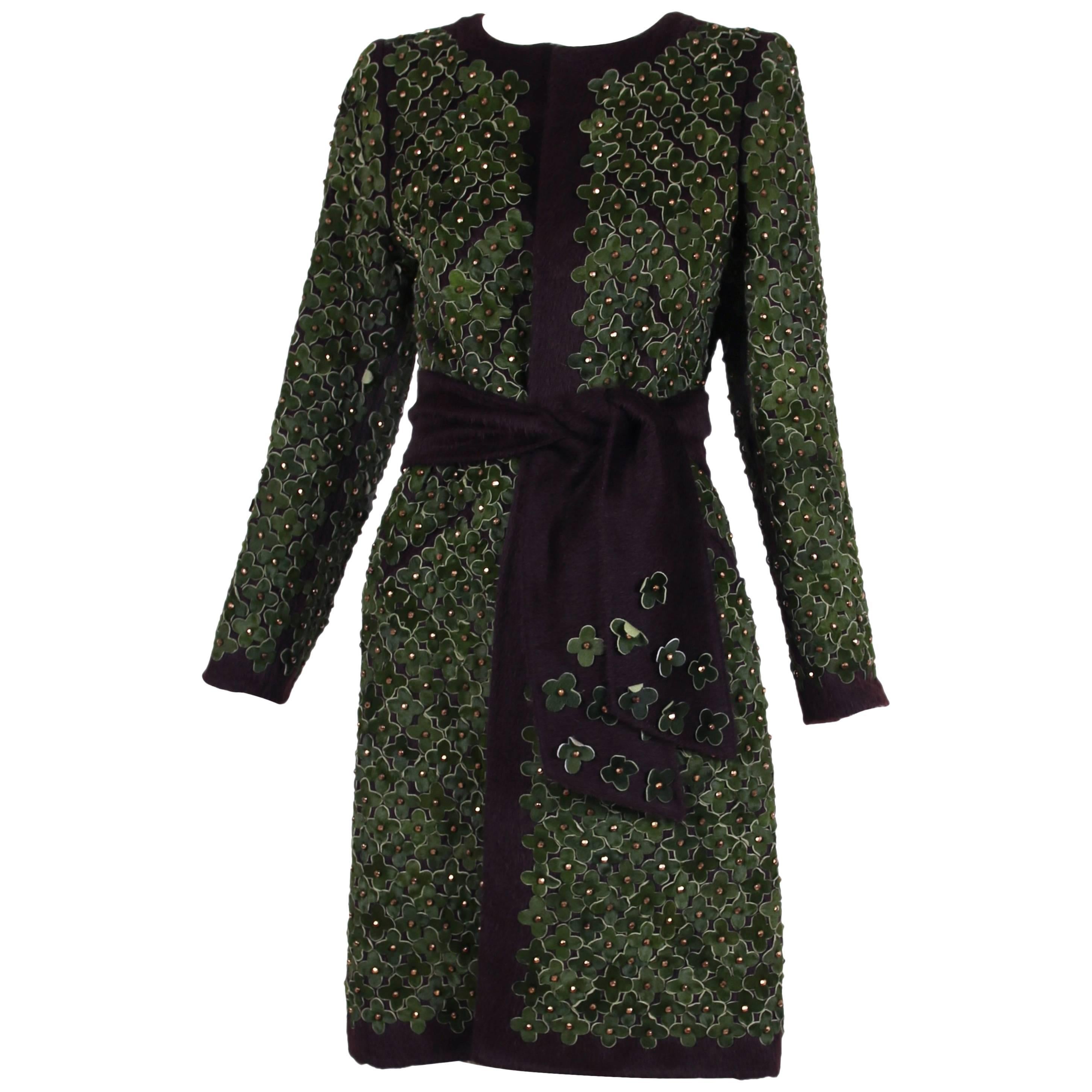 Bergdorf Goodman Open Front Belted Wool Coat Covered w/Suede Florets 